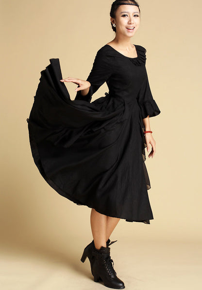 Black Linen Dress - Flowy Midi with Ruffle Details 353