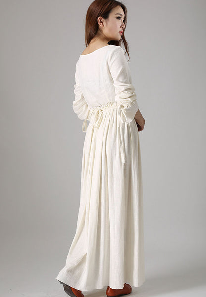 Handmade Linen Maxi Dress – Elegant White Pleated Long Dress for Bridesmaids or Prom 838
