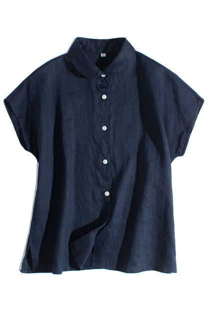 Beige Linen Shirt Top - Loose Fit Short Sleeve Button-Up 3654