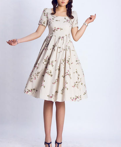 Floral Linen Cotton Midi Dress - A-Line Scoop Neck | Xiaolizi 139