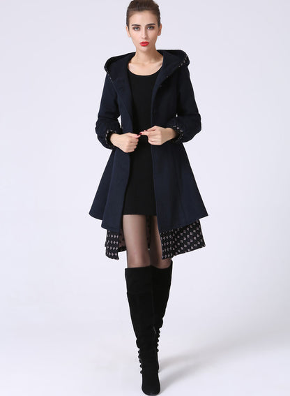 Vintage Hooded Wool Coat – Unique Contrast Trim & Flared Hem 1059