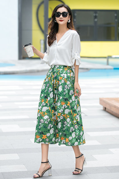 Floral Cotton Midi Skirt - Pleated Waist with Elastic High Waistband 3536