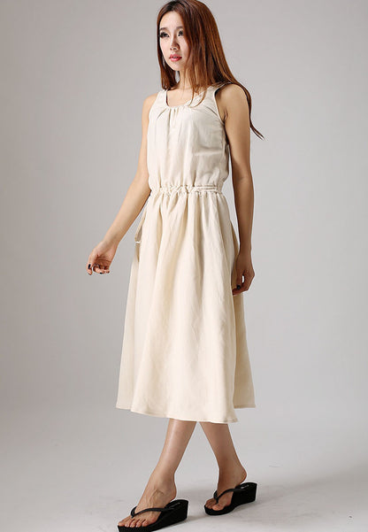 Natural Linen Summer Dress – Sleeveless Ivory Midi Dress for Women | Xiaolizi 0879