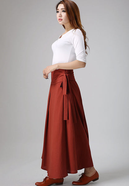 Red Linen Wrap Skirt - Pleated Waist Tie Detail 908