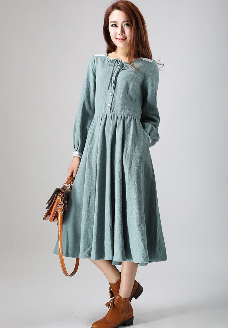 charming linen dress woman's midi dress with lace detail on shoulder and cuff custom made (794)