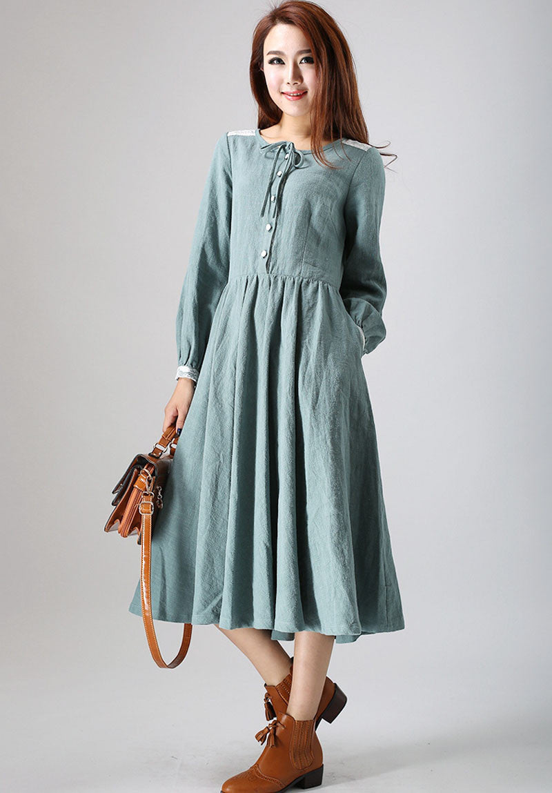 Sage Green Linen Midi Dress with Lace Detail Sage Green Linen Midi Dress with Lace Detail