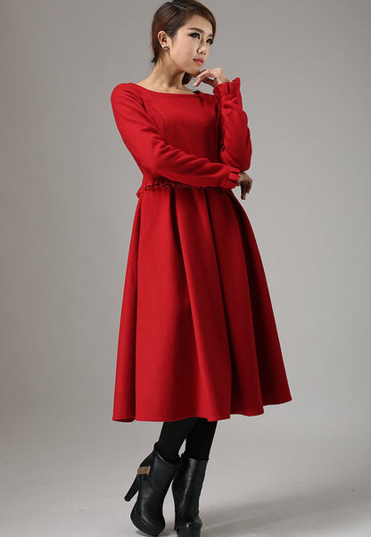 Red Wool Dress Maxi - Pleated Waist, Round Neck 741