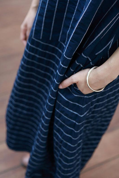 Navy Cotton Dress - Casual Short Sleeve with Thin Stripes CYM313