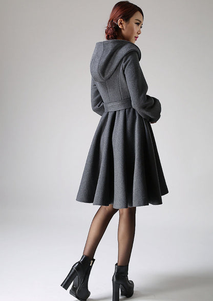Dark Gray Hooded Wool Swing Coat with Tie Waist – Feminine A-Line Silhouette | 1073