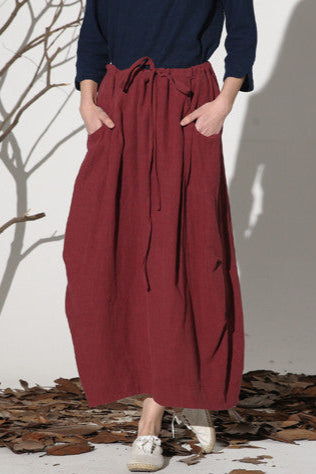 Burgundy Linen Maxi Skirt – Vintage High Waist Casual Long Skirt with Pockets 1162