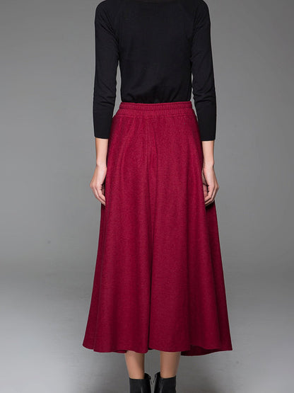 Wine Red Wool Midi Skirt - Flared, Warm Winter Essential 1435