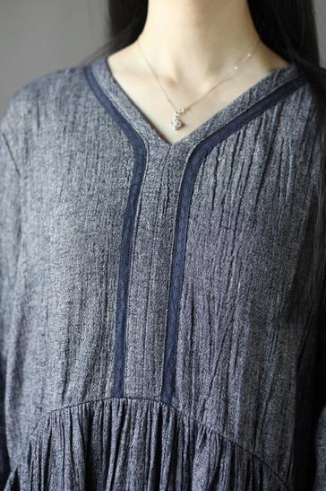Gray Linen Maxi Dress - V-Neck, Loose Fit Commuter Dress CYM330