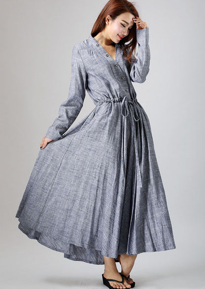 Gray Linen Maxi Dress - Long Sleeve, Adjustable Waist 791