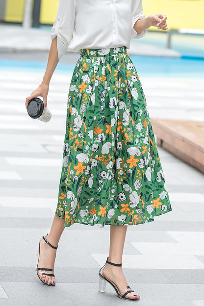 Floral Cotton Midi Skirt - Pleated Waist with Elastic High Waistband 3536