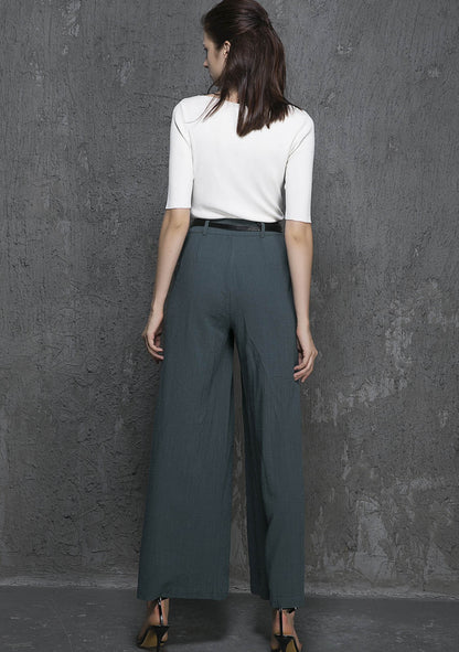 Green Linen Cotton Palazzo Pants - Wide Leg Ankle | Xiaolizi 1338