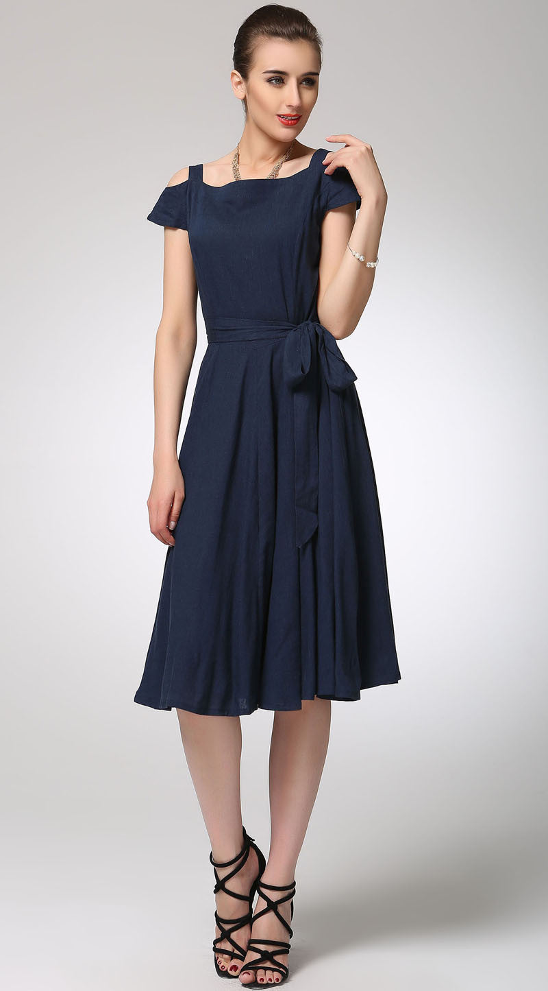 Navy Linen Midi Dress with Pleated Skirt and Fitted Waist Xiaolizi Navy Linen Midi Dress with Pleated Skirt and Fitted Waist Xiaolizi