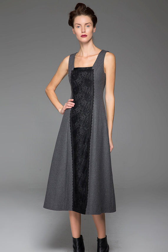 Dark Gray Wool Long Vest Winter Dress Warm Vest Dress With Black Lace Stitching (1447)
