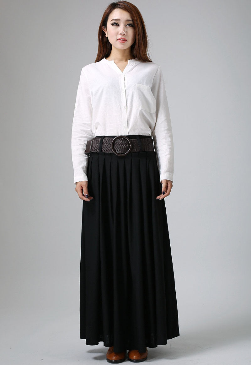 Black long pleated maxi skirt, sofe linen skirt 0904#