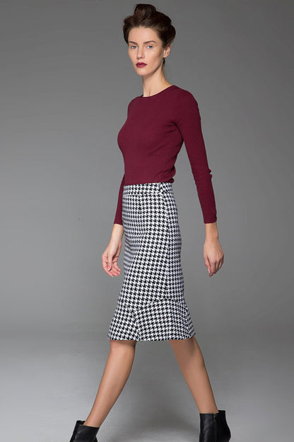 Black and White Wool Fishtail Skirt - Knee Length, Slim Fit 1439
