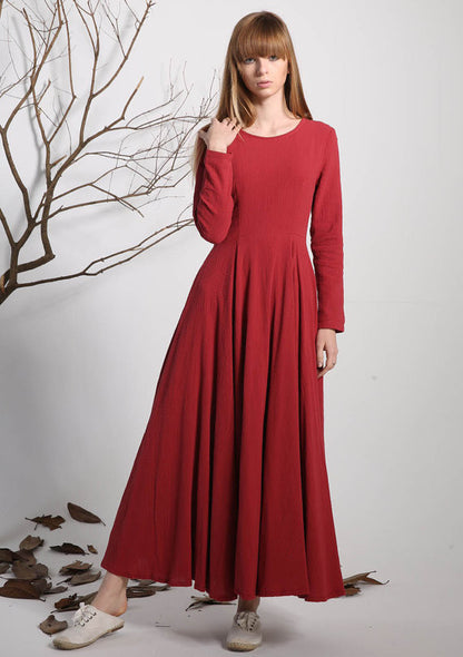 Red Linen Maxi Dress - Long Sleeve, Round Neckline 1133