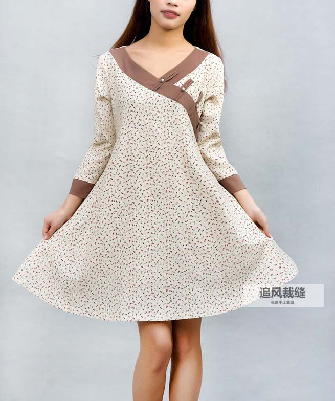 Pattern - - Cream linen shirt swing shirt dress (0029)