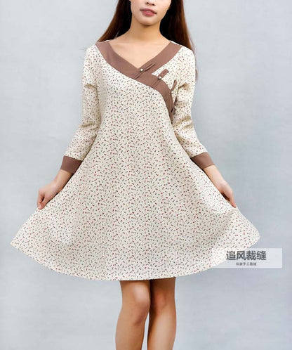 Handmade Cream and Brown Linen Dress – Splice Long Sleeve A-Line Dress | Xiaolizi 0029