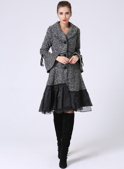 Grey Wool Blend Swing Coat - Cowl Neckline & Bell Cuffs 1052