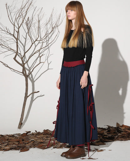 Navy Linen Maxi Skirt - Layered Contrast Patchwork 1159