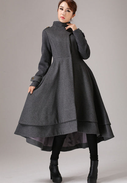 Gray Wool Swing Coat - Vintage High Collar, Asymmetrical Hem 761