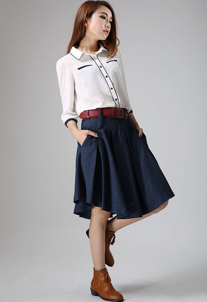 Blue Linen Cotton Pleated Skirt with Irregular Hem and Pockets | Xiaolizi 906