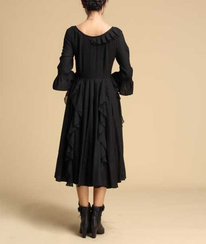 Black Linen Maxi Dress - Deep V-Neck and Pleated Ruffle Skirt 317