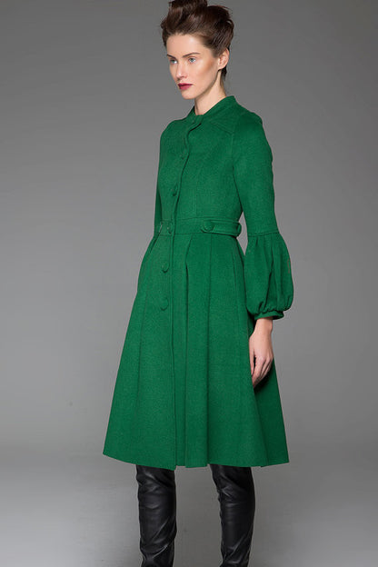 Green Wool Midi Coat – Women’s Vintage Fit and Flare Winter Coat 1417