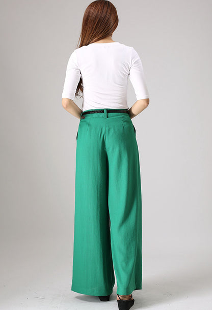 Kelly Green Linen Cotton Wide Leg Pants - Palazzo A-Line | Xiaolizi 840