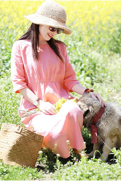 Soft Linen Midi Dress – Handmade Pink Retro Long Dress for Women | Xiaolizi  CYM472