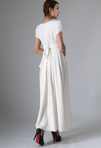 White Linen Maxi Dress - V-Neck Fit & Flare Lace Detail | Xiaolizi 959