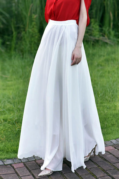 White Chiffon Long Swing Skirt - High Waist Elastic Closure 2946