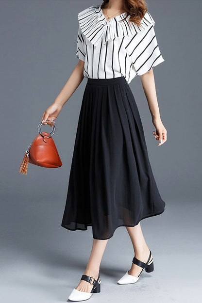 White Chiffon Midi Circle Skirt - Soft Pleated Swing 2901