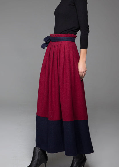 Handmade Wool Wrap Maxi Skirt – Wine Red Color-Block with Pockets | Xiaolizi 1429