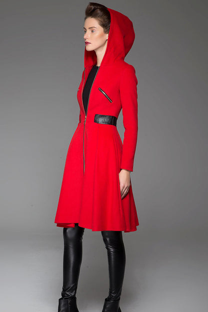 Vintage Wool Coat for Women – Handmade Red Hooded Swing Winter Coat with Zipper | Xiaolizi 1424