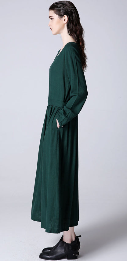 Green Linen Maxi Dress - Long Sleeve, Round Neck 1173