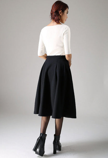 Black Pleated Midi Skirt – Handmade Wool Blend Winter Classic | Xiaolizi 1087