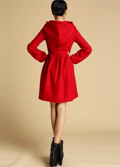 Red Hooded Wool Coat – Single-Breasted Winter Short Coat with Pockets | Xiaolizi  0333