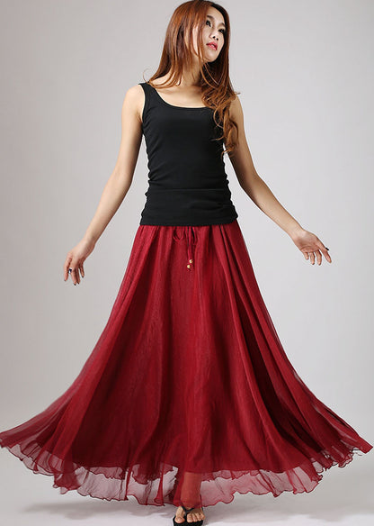 Red Chiffon Maxi Skirt - Elastic Waist with Ruffle Detail 862