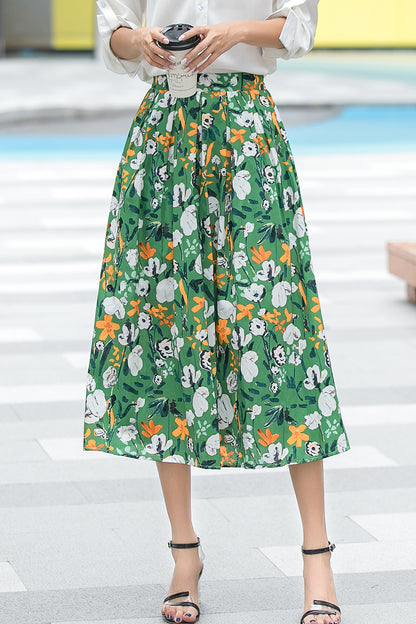 Floral Cotton Midi Skirt - Pleated Waist with Elastic High Waistband 3536