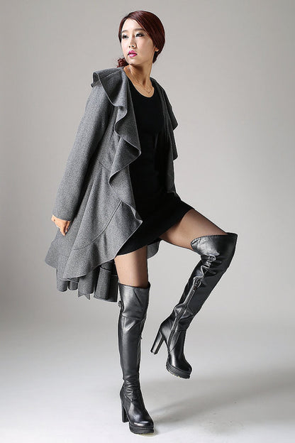 Wool Blend Ruffled Coat – Vintage Belted Lantern Sleeve Winter Jacket 1075