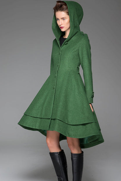 Vintage Wool Coat for Women – Handmade Green Hooded Fit and Flare Winter Coat with Layered Hem | Xiaolizi 1411