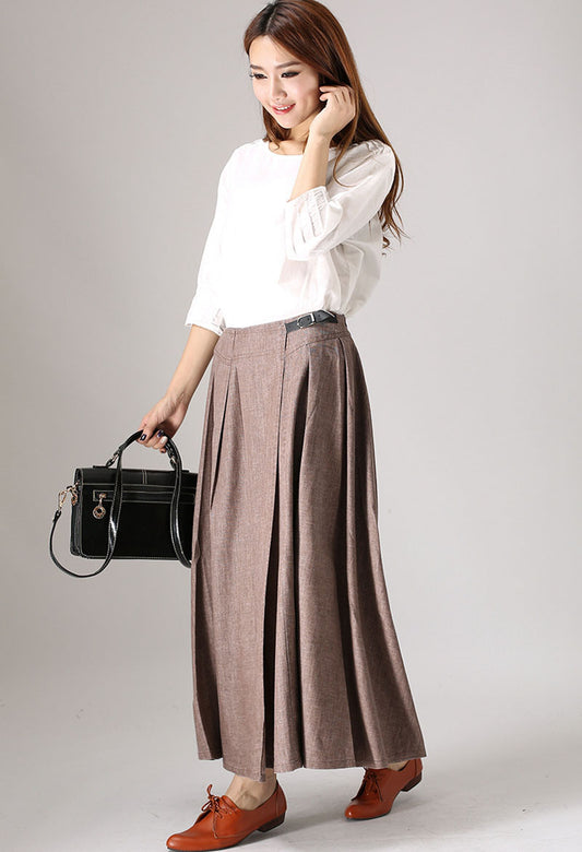 Casual Brown Pleated Linen Maxi Skirt – Handmade Long Flowy Skirt | Xiaolizi 854
