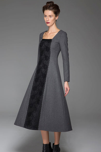 Gray Wool Maxi Dress - Slim Fit with Black Stitching Detail 1442