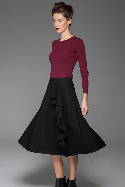Black Wool Skirt - Over Knee Length with Flower Lace Detail 1438