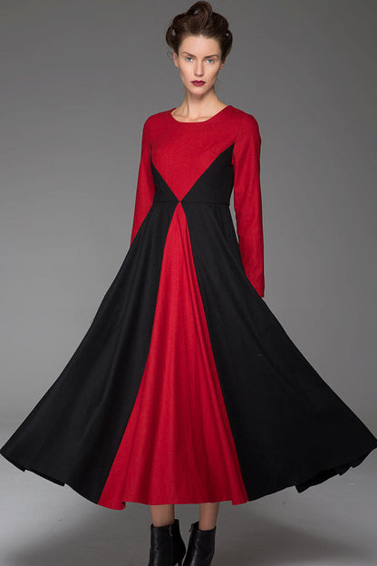 Red and Black Wool Maxi Dress - Elegant Winter Warmth 1445